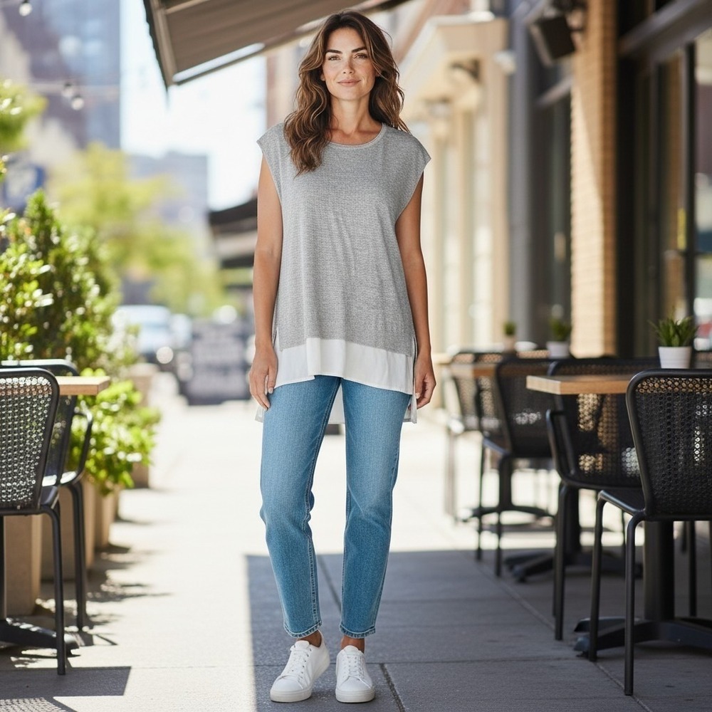 Eileen Fisher Italian Yarn Knit Tunic Tank Top Gray Layered Hem Linen SZ M Chic‎